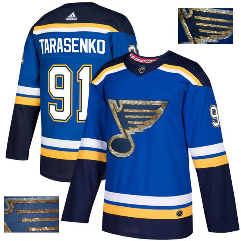 Men St.Louis Blues 91 Tarasenko Blue Gold embroidery Adidas NHL Jerseys
